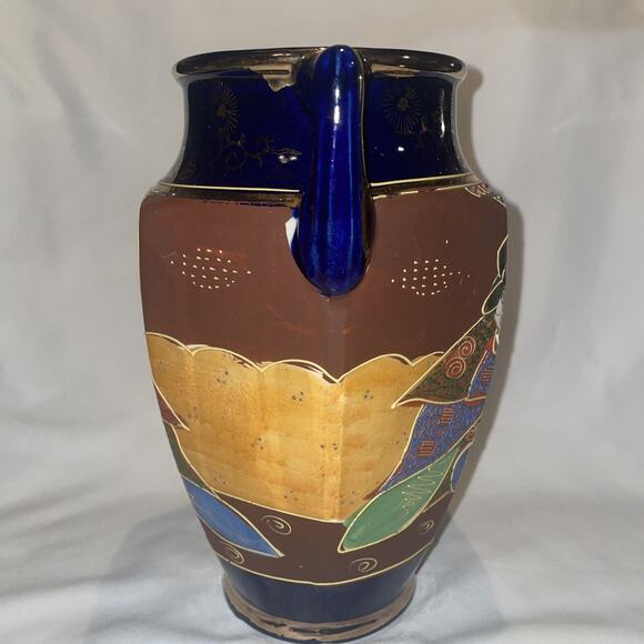 Antique Satsuma Pottery Vase Japan Cobalt Hand Painted Gold w/ Handles 8.5" - Picture 2 of 11